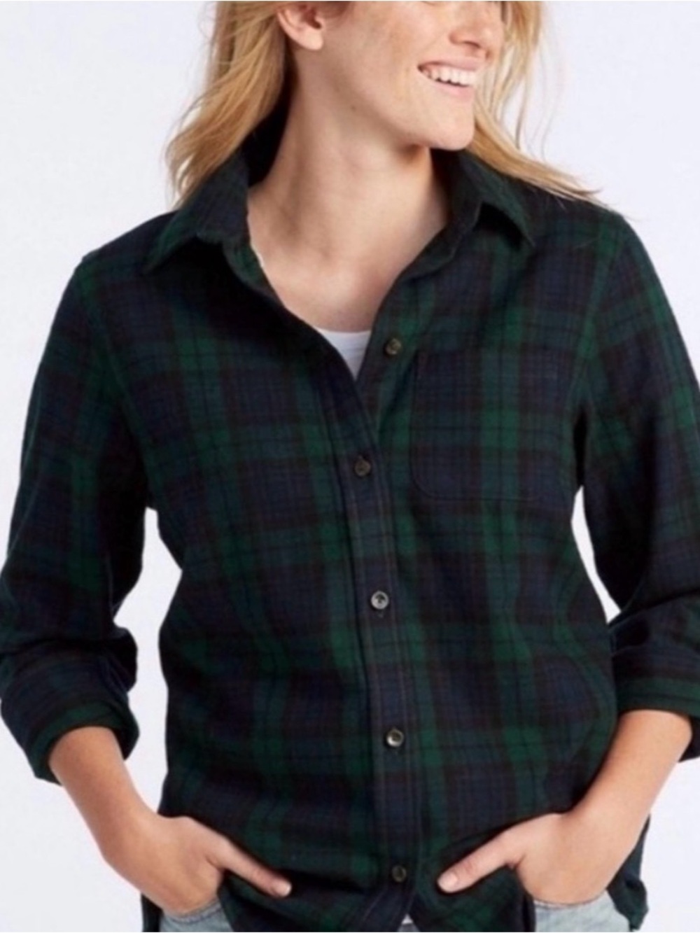 L.L. Bean Green and Navy Plaid slightly fitted Button-Up flannel shirt